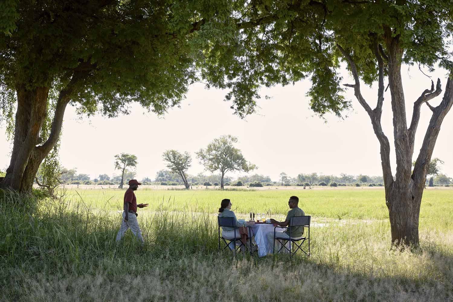 A bush breakfast laid under the trees on the floodplain