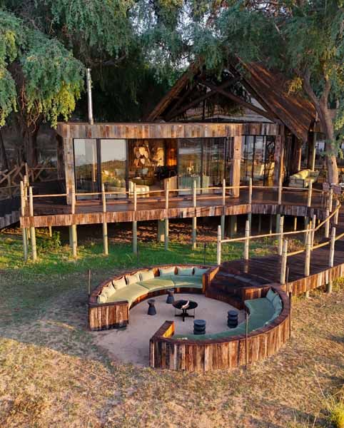 Aerial view of the Lolebezi boma and firepit at golden hour