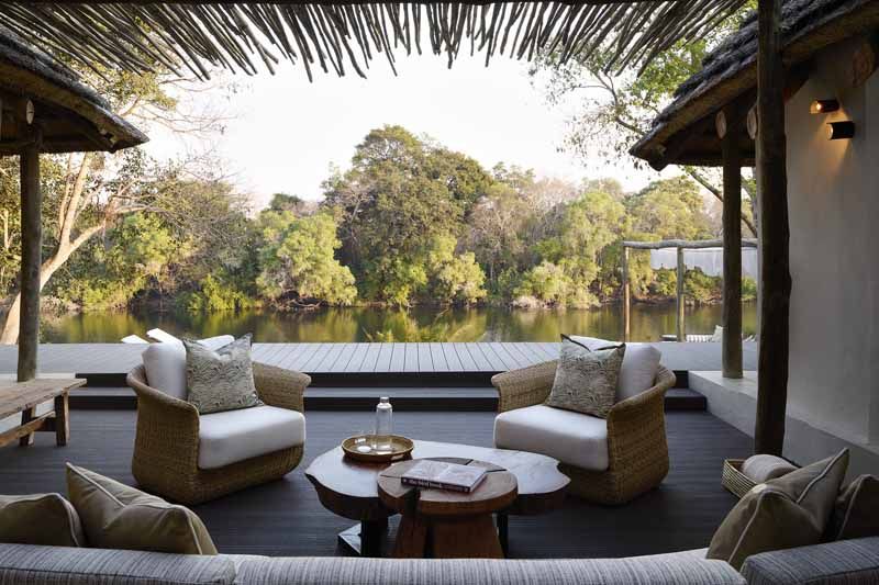 Open-sided lounge overlooking the Lunga River
